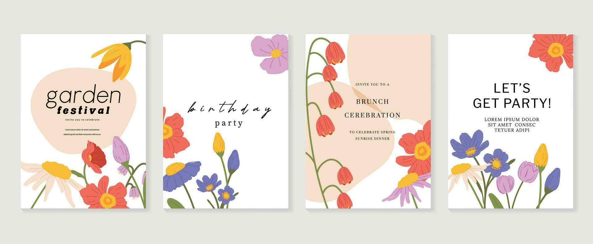 einstellen von abstrakt Blumen- Einladung Karte Hintergrund Vektor. Hand gezeichnet beschwingt Farbe botanisch Blume und Blatt Ast Abdeckung. Design Illustration zum Flyer, Poster, Banner, Broschüre, Hochzeit, Geburtstag. vektor