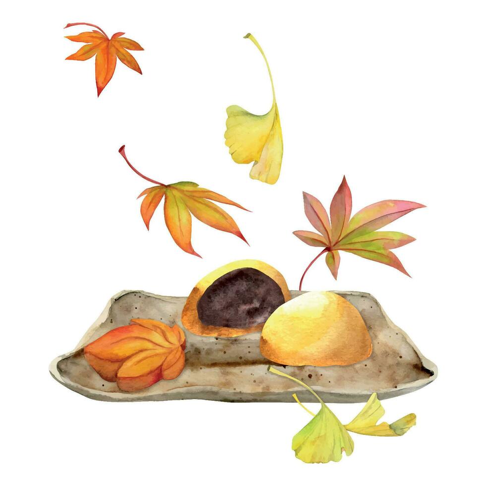 Aquarell Hand gezeichnet traditionell japanisch Süßigkeiten. Keramik Gericht, Herbst Neri-Kiri, mochi, daifuk. isoliert auf Weiß Hintergrund. Design zum Einladungen, Restaurant Speisekarte, Gruß Karten, drucken, Textil- vektor