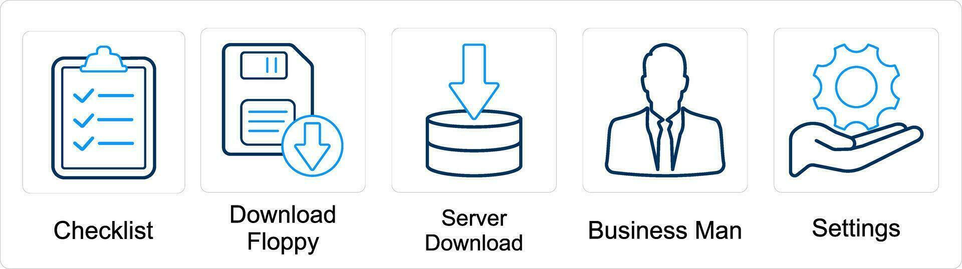 ein einstellen von 5 mischen Symbole wie Checkliste, herunterladen Diskette, Server herunterladen vektor