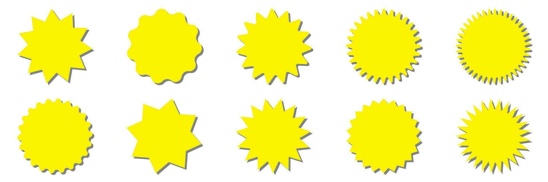 starburst gul klistermärke uppsättning - samling av särskild erbjudande försäljning runda formad sunburst etiketter och märken isolerat på vit bakgrund. cirkel klistermärken eller knappar i form av stjärna för promo reklam. vektor