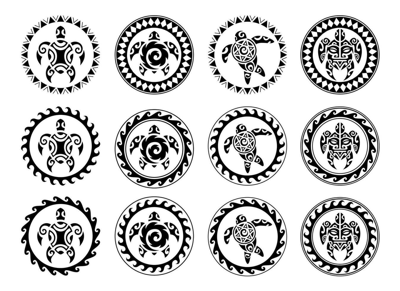 einstellen von runden Maori tätowieren Ornament mit Meer Schildkröte. afrikanisch, Maya, aztekisch, ethnisch, Stammes- Stil. vektor