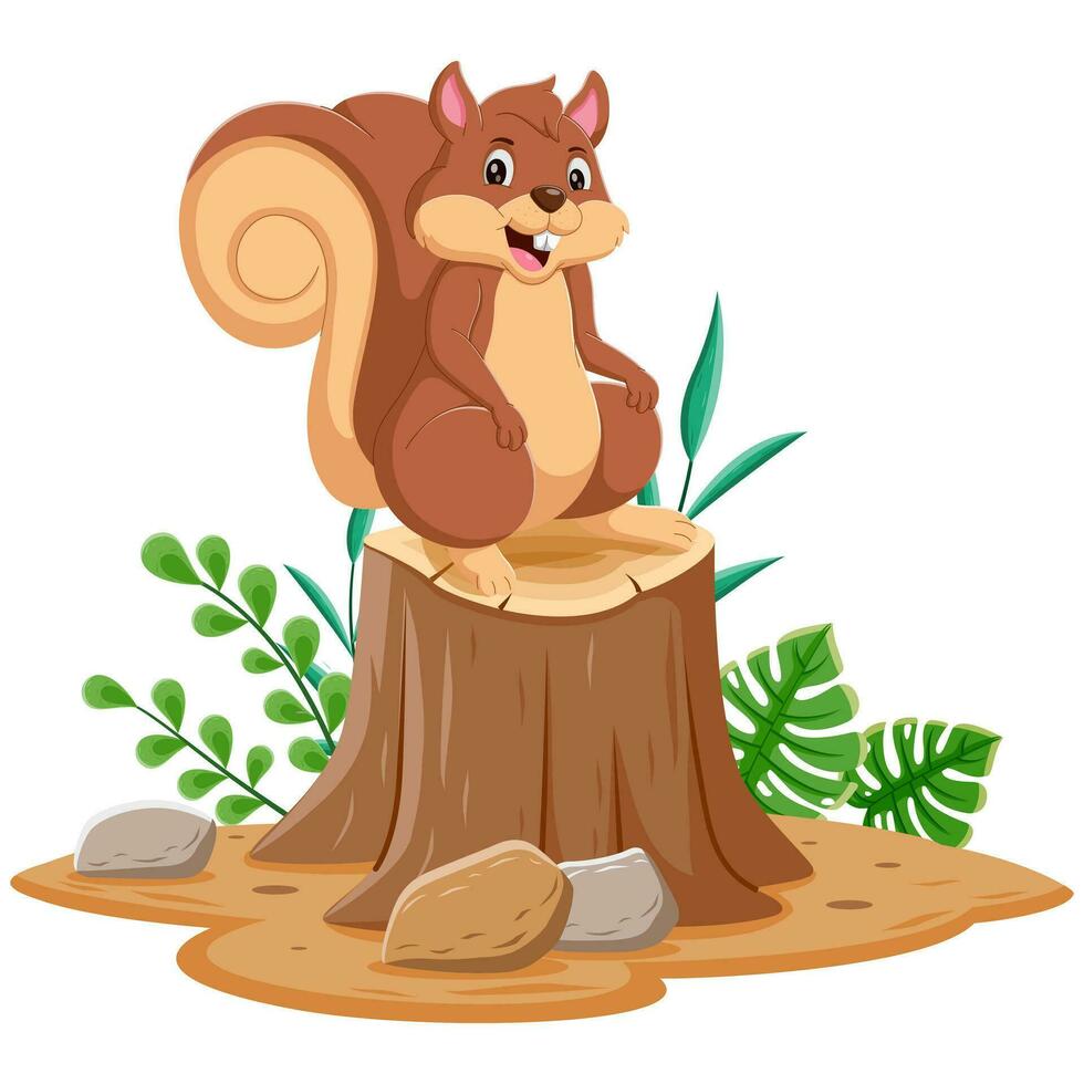 Karikatur komisch Eichhörnchen auf Baum Stumpf. Vektor Illustration