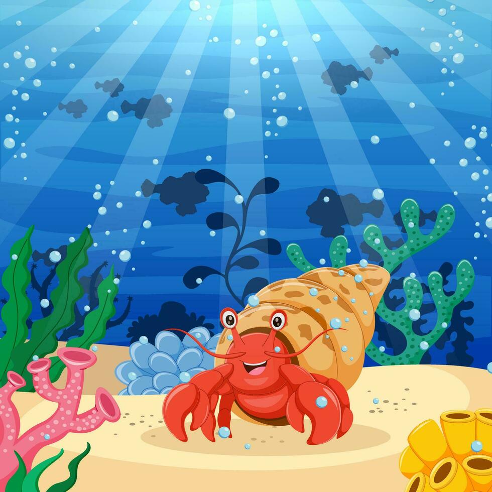 tecknad serie eremit krabba med skön under vattnet värld. vektor illustration