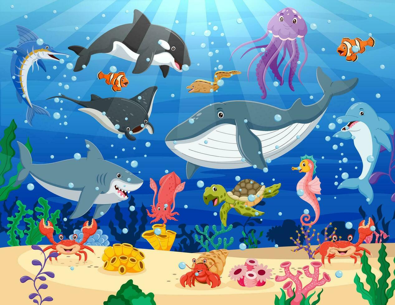 under vattnet värld liv tecknad serie. tropisk fisk tecknad serie med skön under vattnet värld. vektor illustration