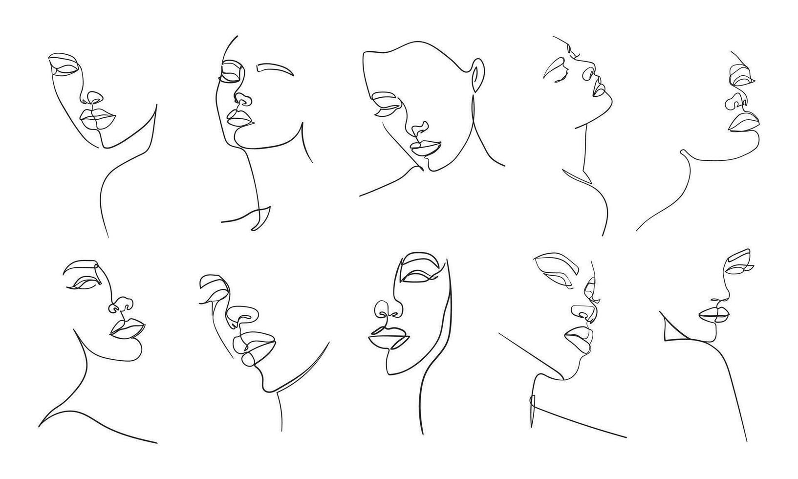 uppsättning av porträtt. enkel, minimalistisk vektor illustration av skön kvinna ansikte. linje teckning.