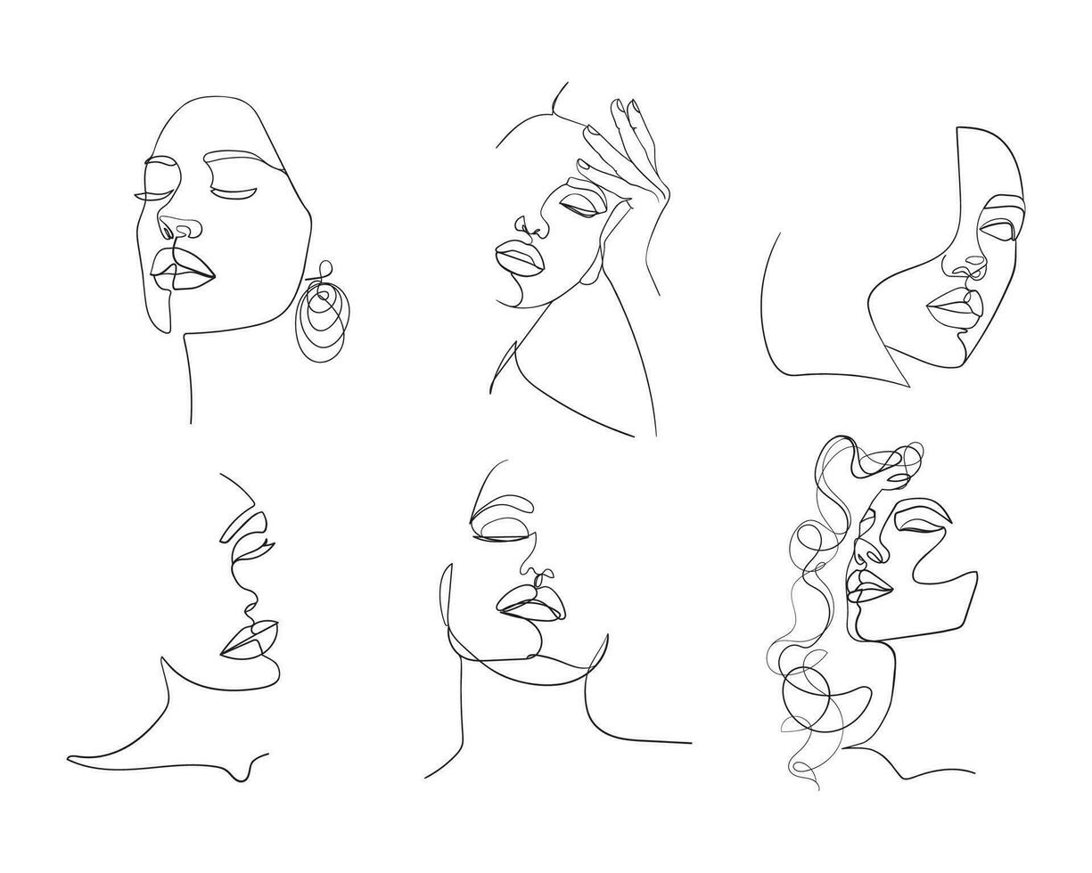 einstellen von sechs Porträt. einfach, minimalistisch Vektor Illustration von schön Frau Gesicht. Linie Zeichnung.
