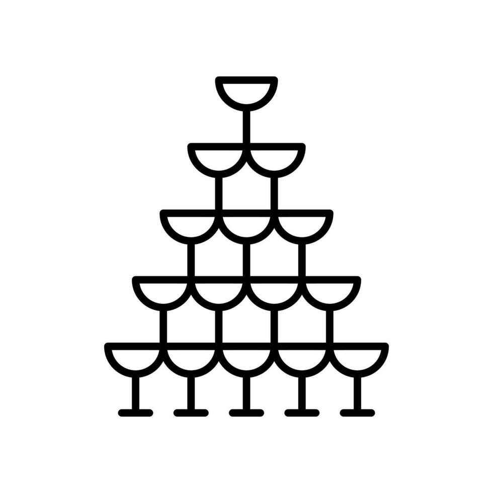 Turm von leeren Champagner Gläser, Glas Pyramide Symbol im Linie Stil Design isoliert auf Weiß Hintergrund. editierbar Schlaganfall. vektor