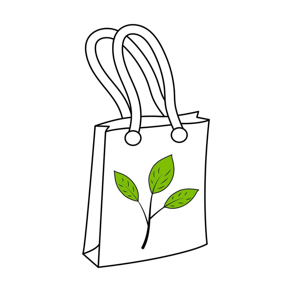 Öko Tasche mit Grün Blätter im Gekritzel Stil. Linie Hand gezeichnet Symbol. Null Abfall, Ökologie, Nein Plastik Konzept. vektor