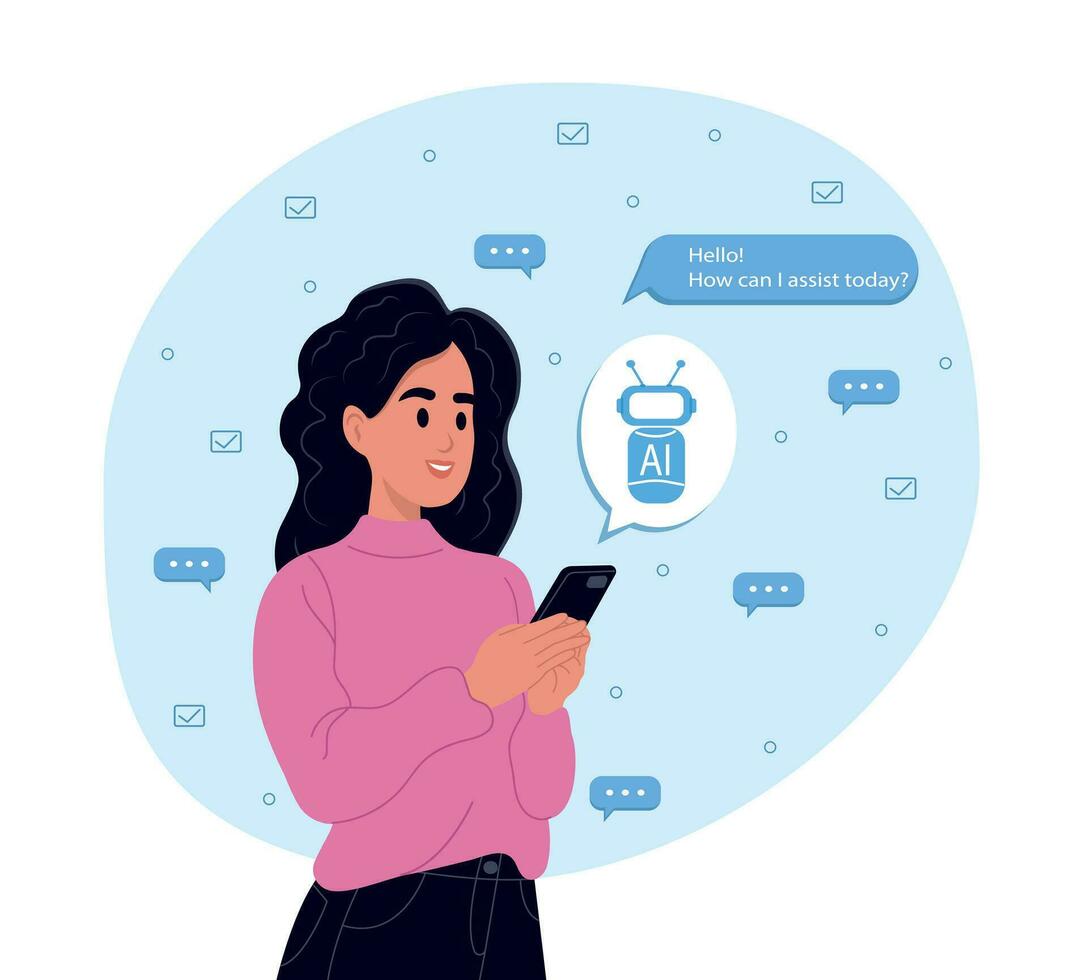 kvinna användningar de teknologi av en smart ai robot. chatt begrepp, artificiell intelligens. dialog mellan de ai assistent och de användare i de budbärare vektor