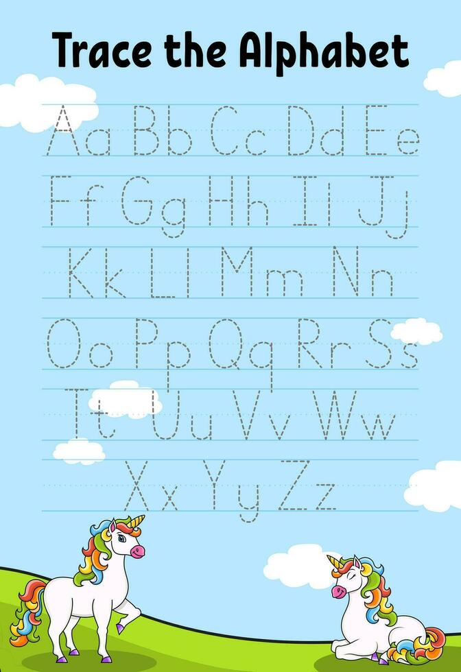 skriva brev. spårningssida med enhörning. övningsblad. arbetsblad för barn. lära sig alfabetet. söt karaktär. färg vektor illustration. tecknad stil.