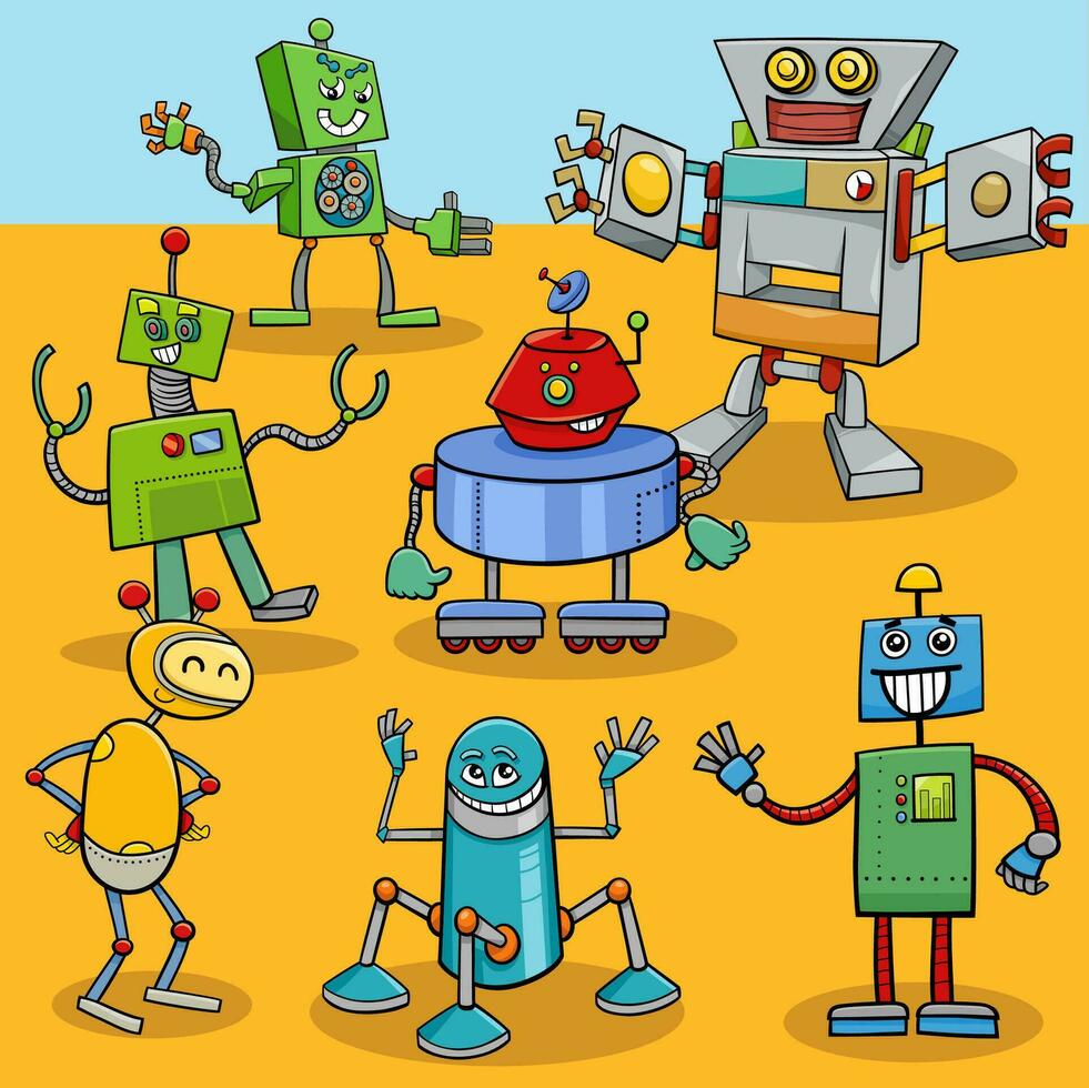cartoon lustige roboter und droiden zeichengruppe vektor