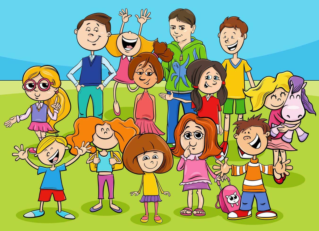 Lycklig tecknad serie barn och tonåringar tecken grupp vektor