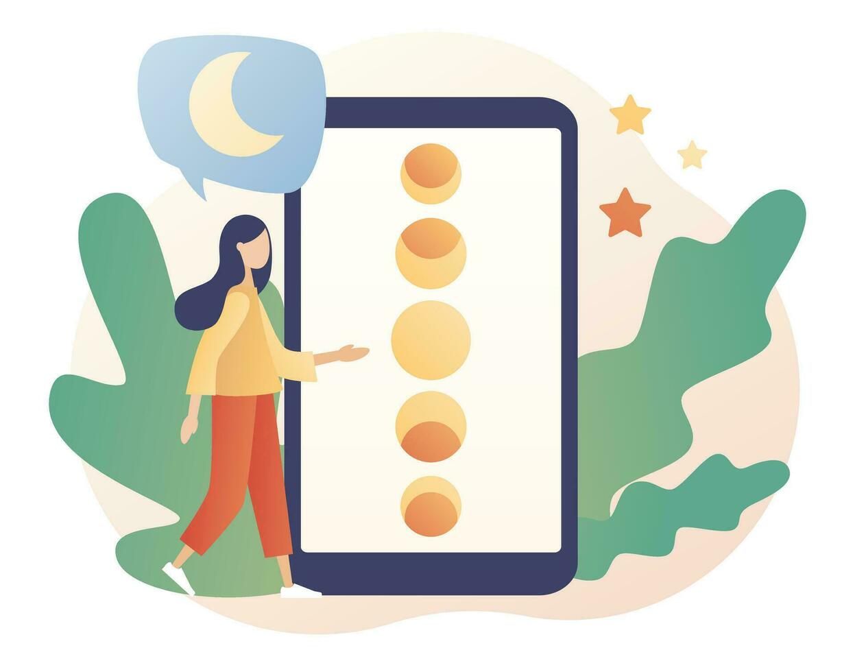 Mond Phasen auf Smartphone Bildschirm. Astrologie Konzept. Nacht Raum Astronomie. Magie Mond- Hexerei Karte. modern eben Karikatur Stil. Vektor Illustration auf Weiß Hintergrund