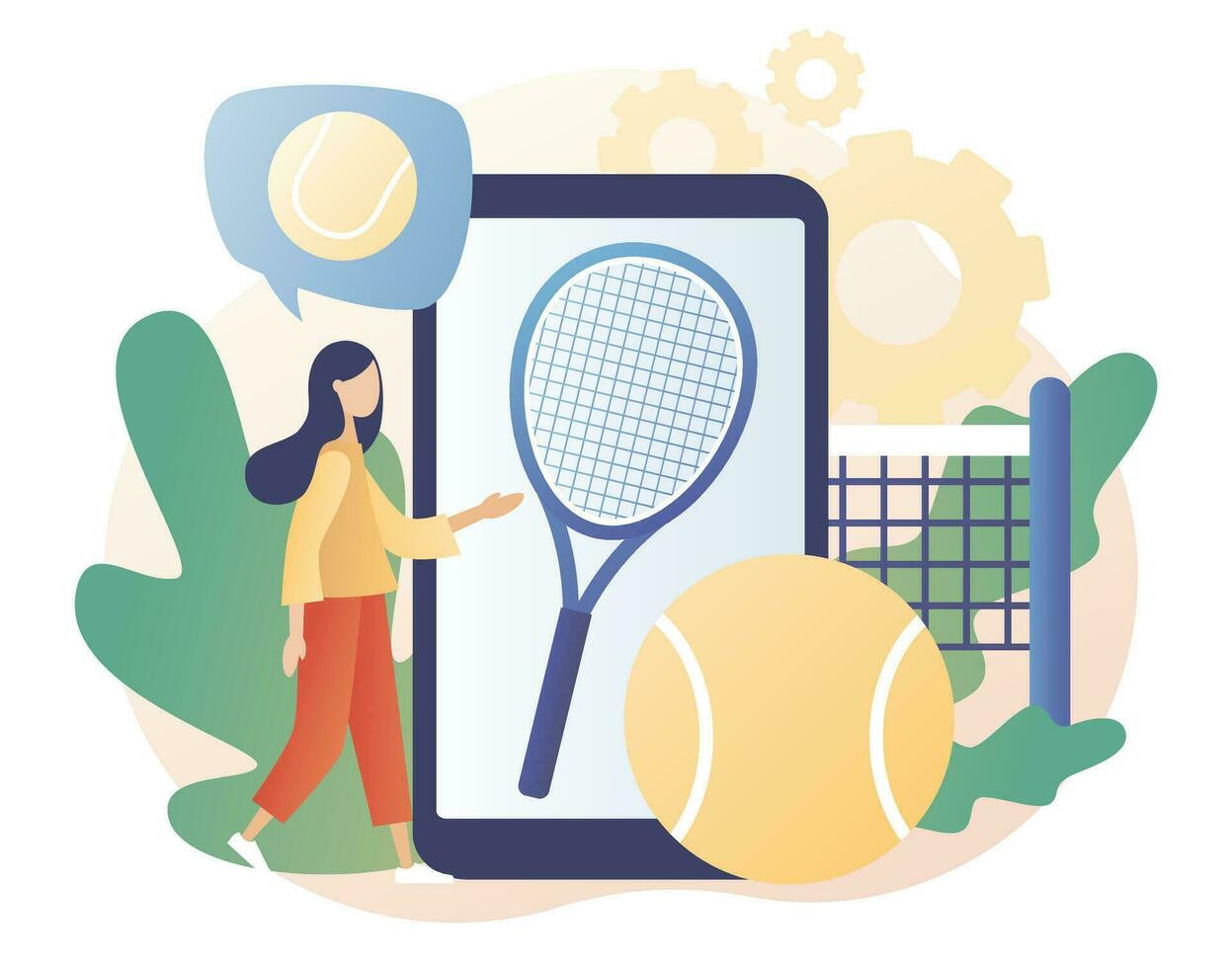 sport klubb uppkopplad. tennis domstol, tennis racketar och bollar. grupp aktivitet, Träning. mästerskap och turnering. modern platt tecknad serie stil. vektor illustration på vit bakgrund