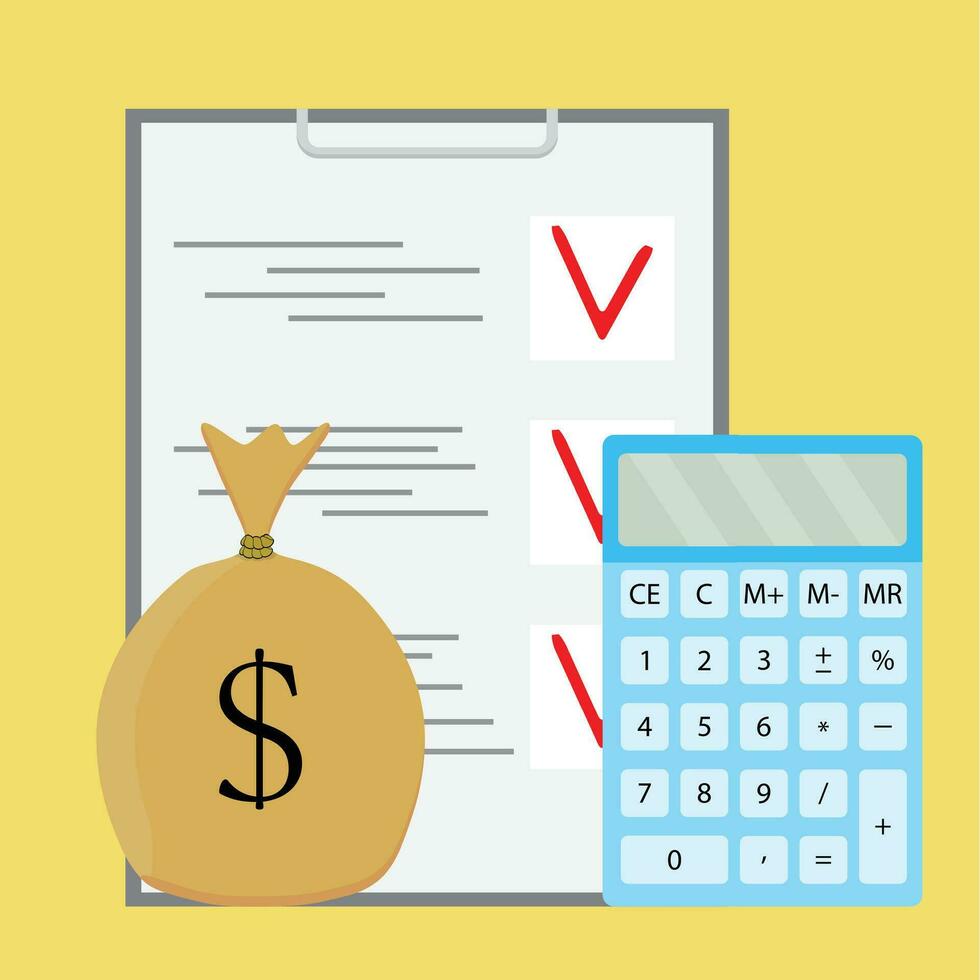 Prüfung Zählen Geld. finanziell Buchhaltung, Checkliste und Berechnung Finanzen, Vektor Illustration