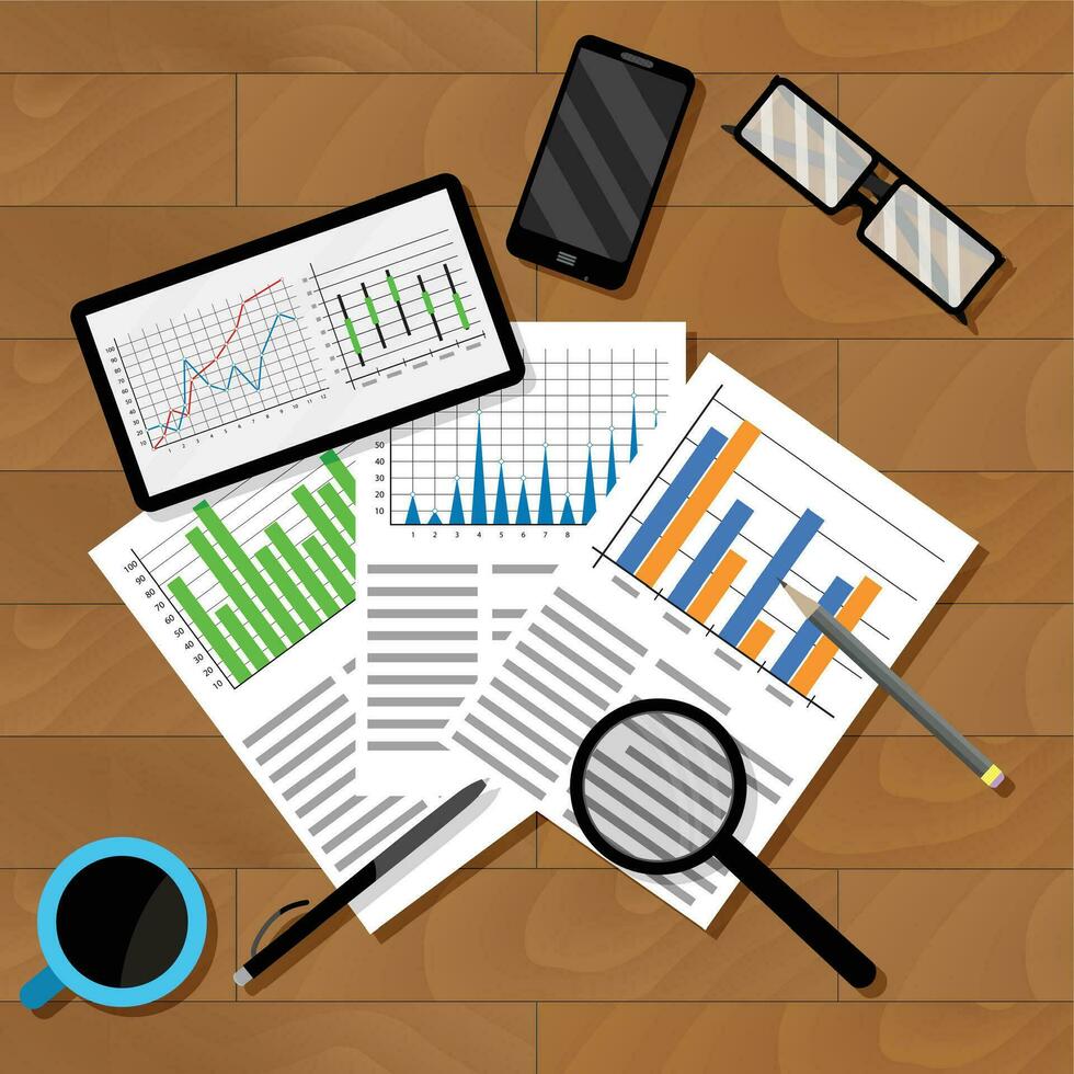 wirtschaftlich Analytik von Infografiken. Analysieren Bericht Diagramm und Grafik. Vektor Illustration