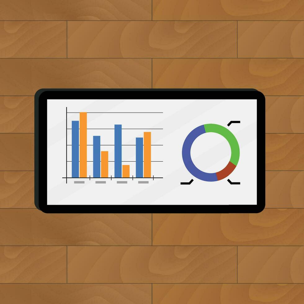 Grafik und Diagramm. Netz Bericht Grafik auf Tablette, Kuchen Diagramm auf Gerät, Vektor Illustration