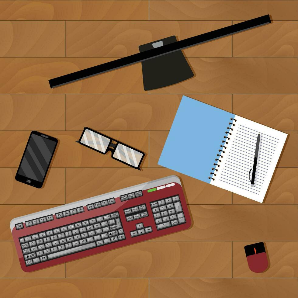Arbeitsplatz Büro Vektor. Mitarbeiter Ort, Arbeitsplatz mit Notizblock und Computer Illustration vektor