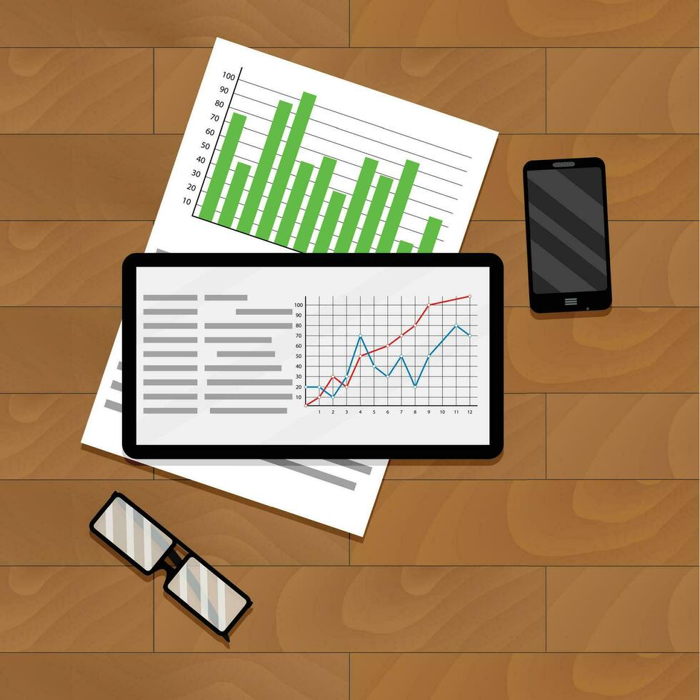 wirtschaftlich und finanziell Statistiken. Forschung und Analysieren Graph und Diagramm. Vektor Illustration