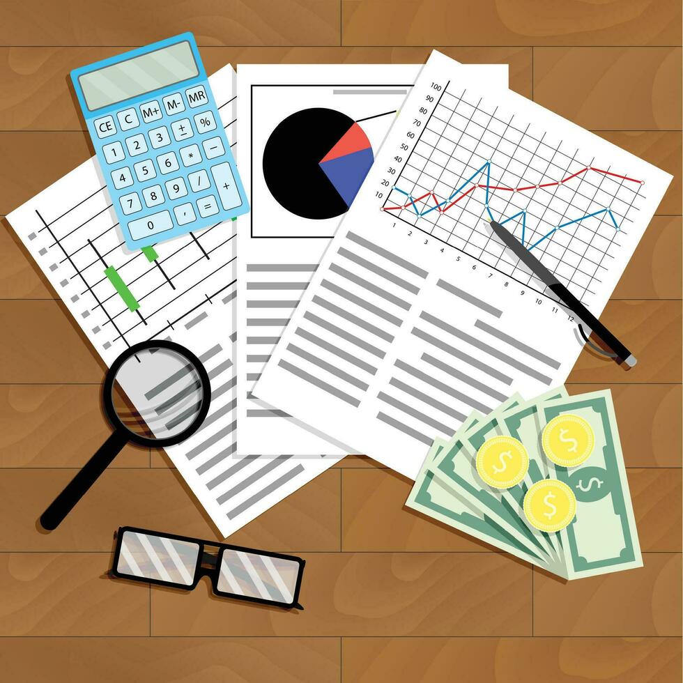 wirtschaftlich Analyse von Grafiken und Diagramme. Analysieren Arbeit Lager Index, Vektor Illustration