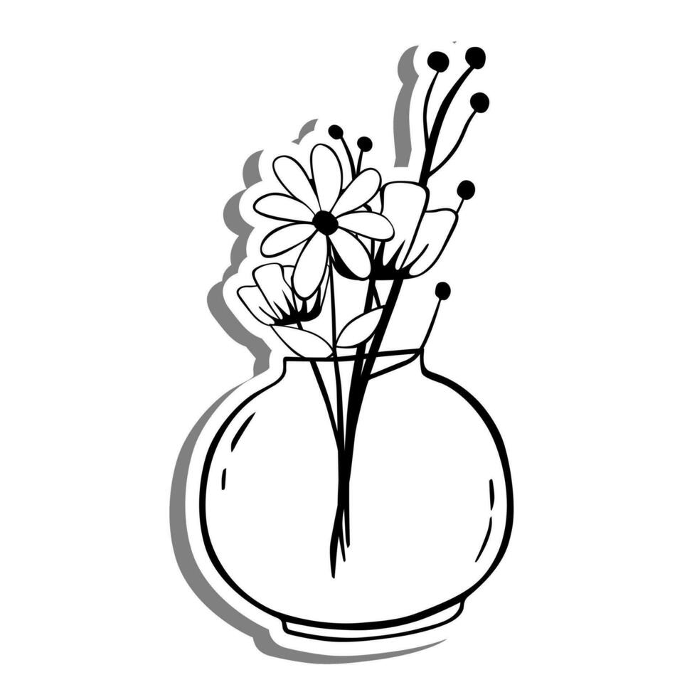 schwarz Linie Gekritzel Blumen im runden Krug auf Weiß Silhouette und grau Schatten. Hand gezeichnet Karikatur Stil. Vektor Illustration zum schmücken und irgendein Design.