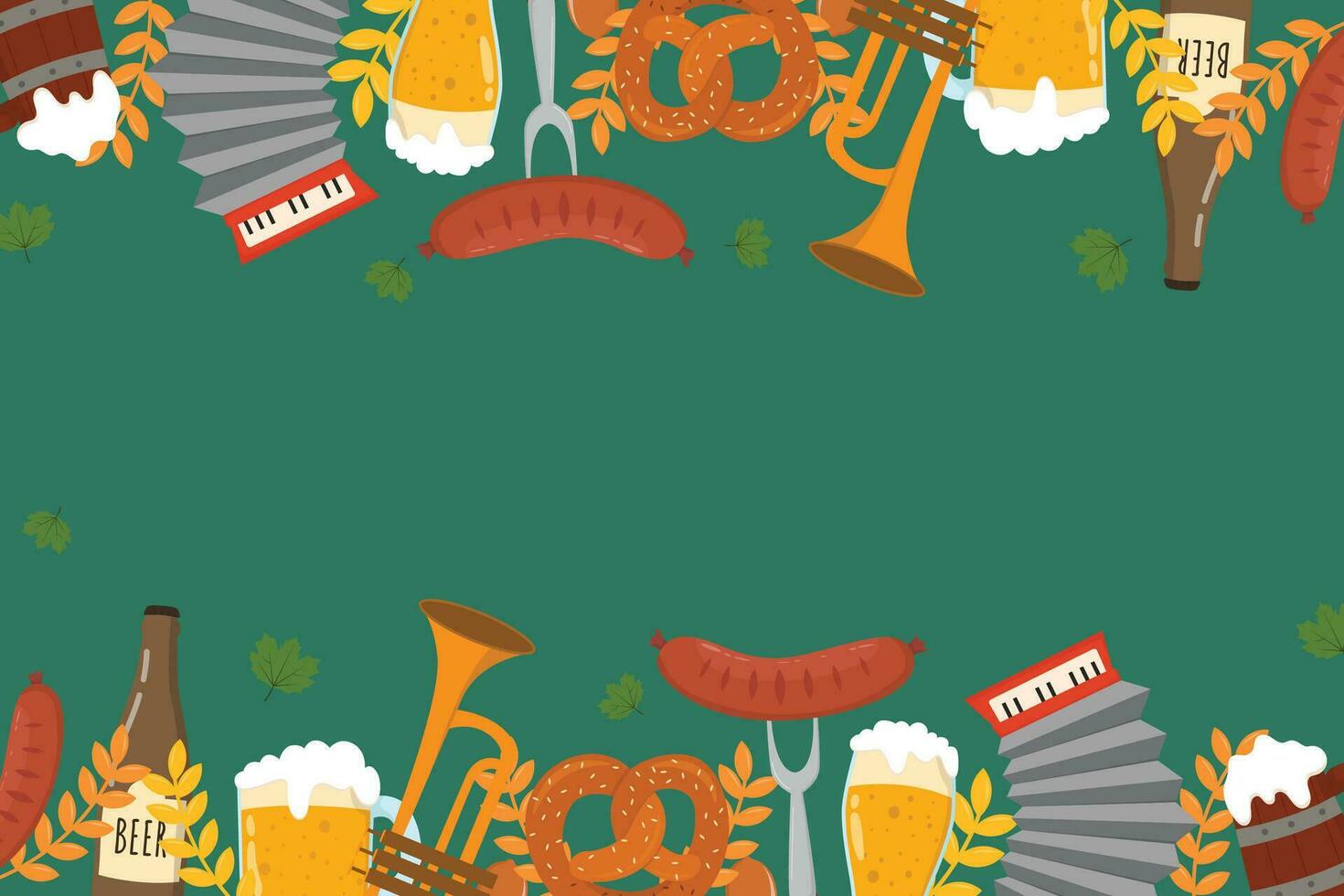 platt bakgrund för oktoberfest firande. en råna av öl, en flaska av öl, en pretzel, en korv vektor