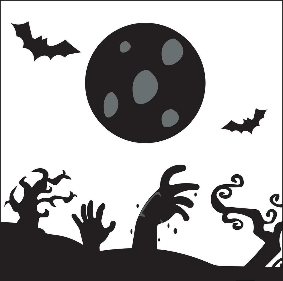 Halloween Vektor Design Illustration mit Hand Silhouette von Zombie, Mond und Schläger. geeignet zum Logos, Symbole, Poster, T-Shirt Entwürfe, Webseiten, Konzepte, Anzeige, Aufkleber, Firmen.