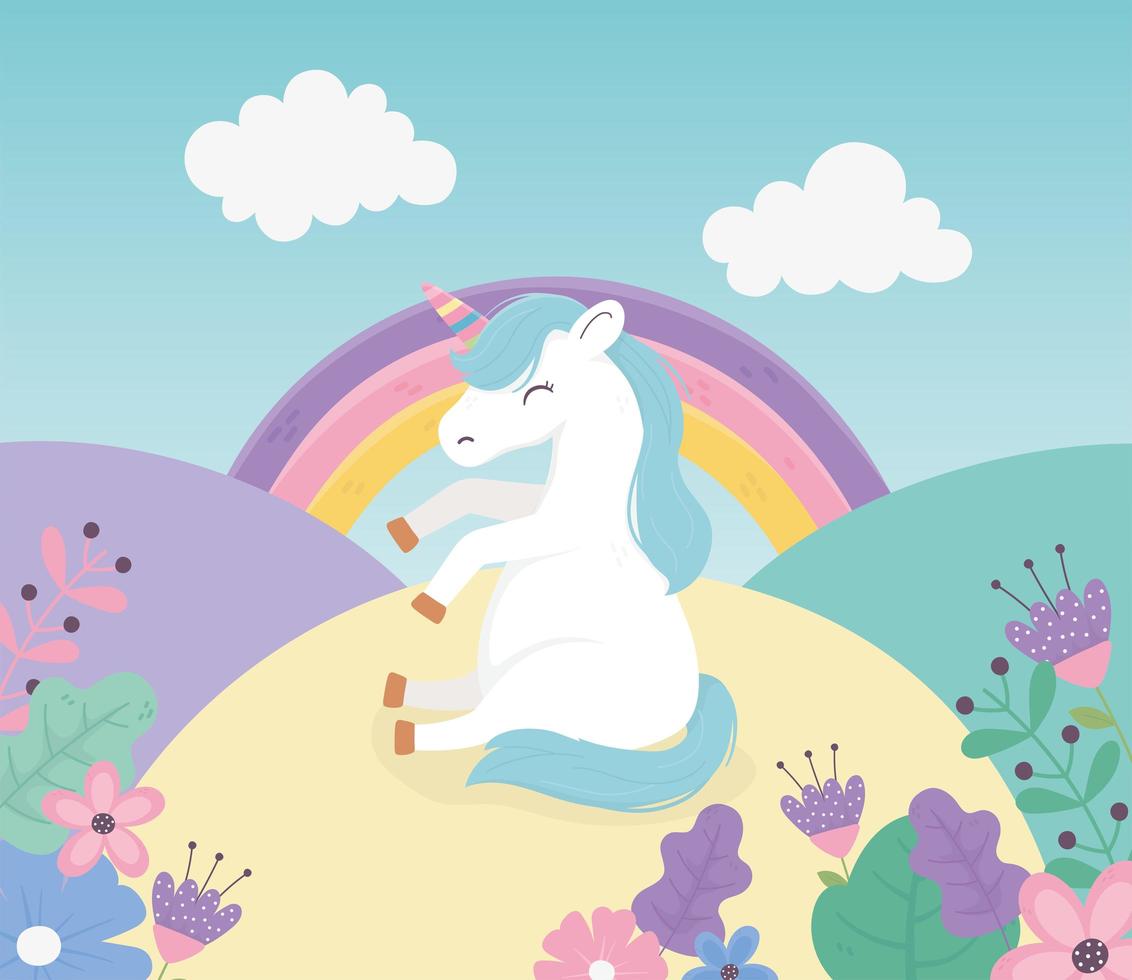 Einhorn sitzt im Blumenregenbogen magische Fantasie niedlichen Cartoon vektor