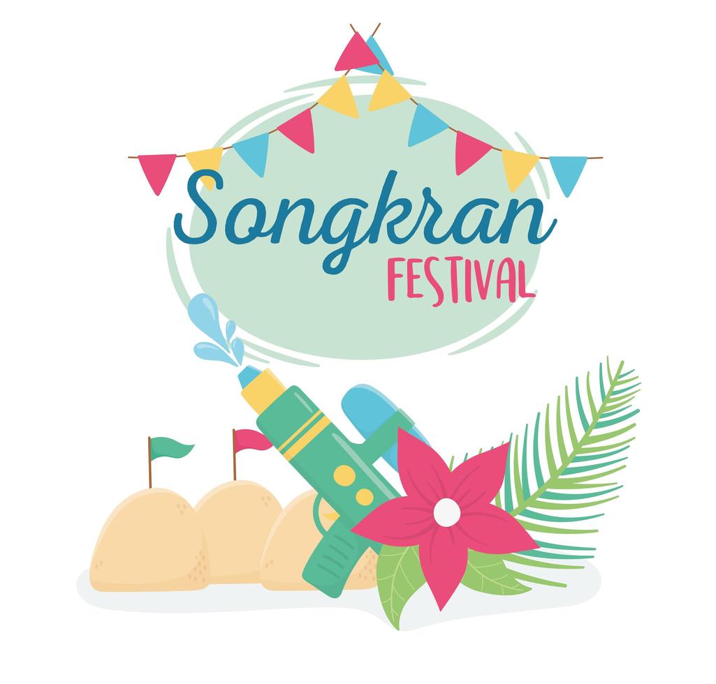 Songkran Festival Wasserpistole Blumenfahnen Sandpalast vektor