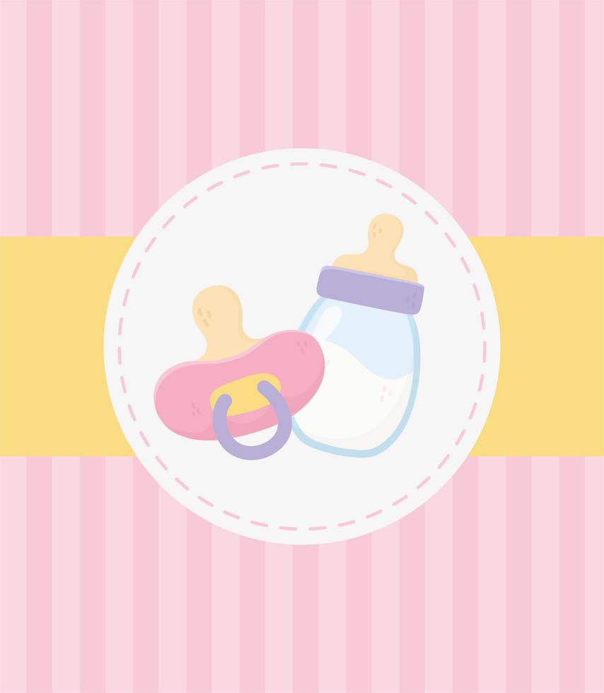 baby shower, rosa napp och mjölkflaska ränder bakgrund firande kort vektor
