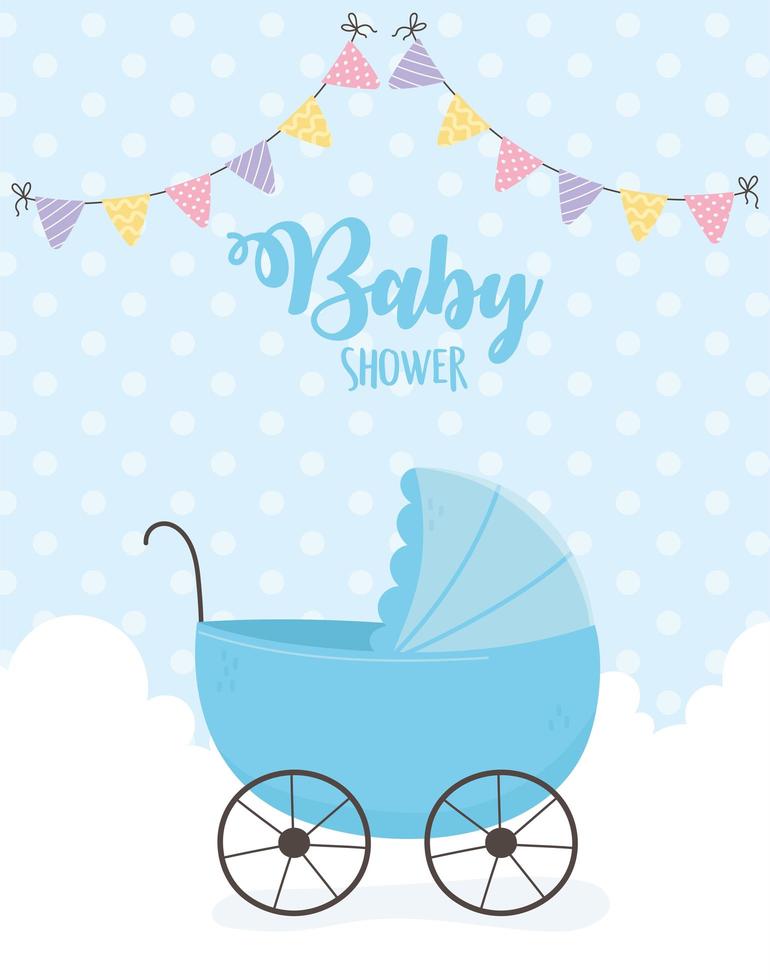 baby shower, blå barnvagn moln vimplar prickad bakgrund vektor