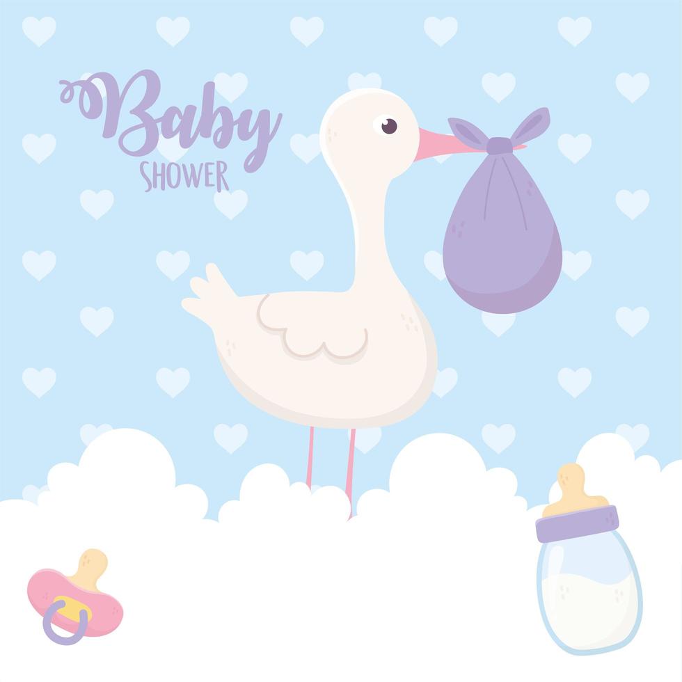 Babyparty, Storch mit lila Windel und Flaschenschnuller auf Wolkendekoration vektor