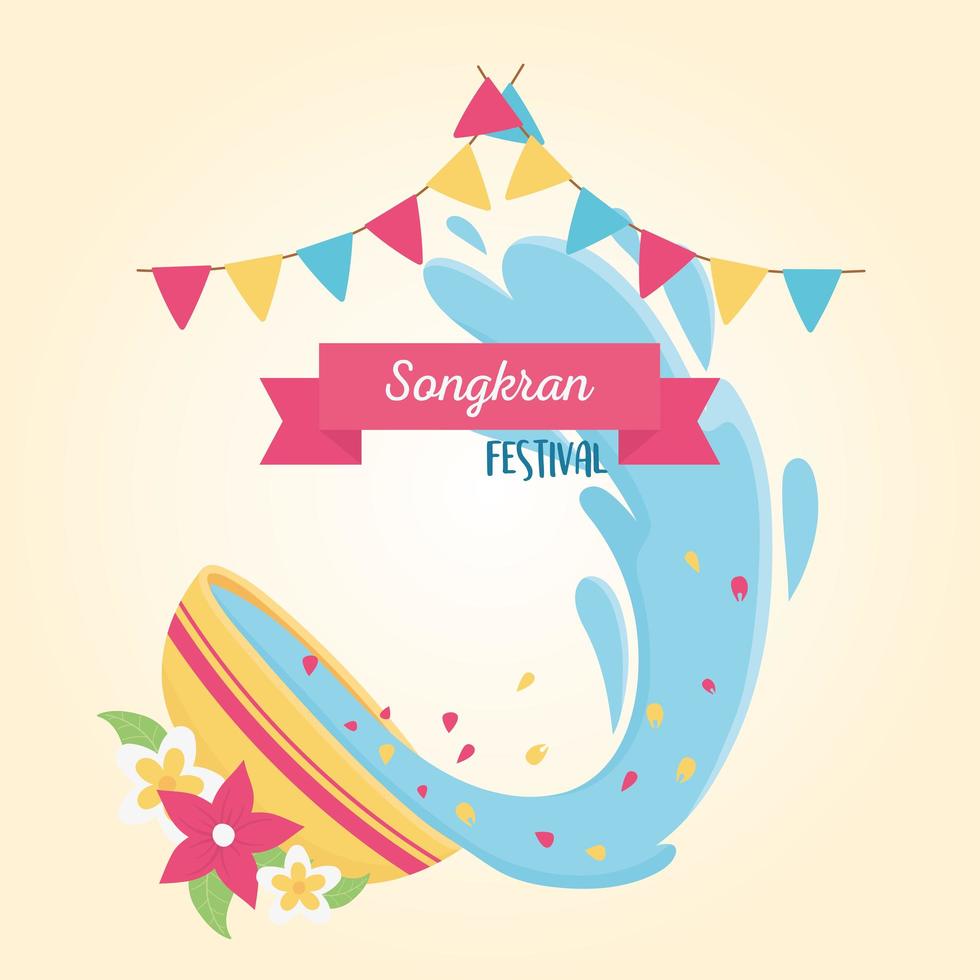 Songkran Festival Schüssel mit Wasserblumen Ammer Feier Designkarte vektor