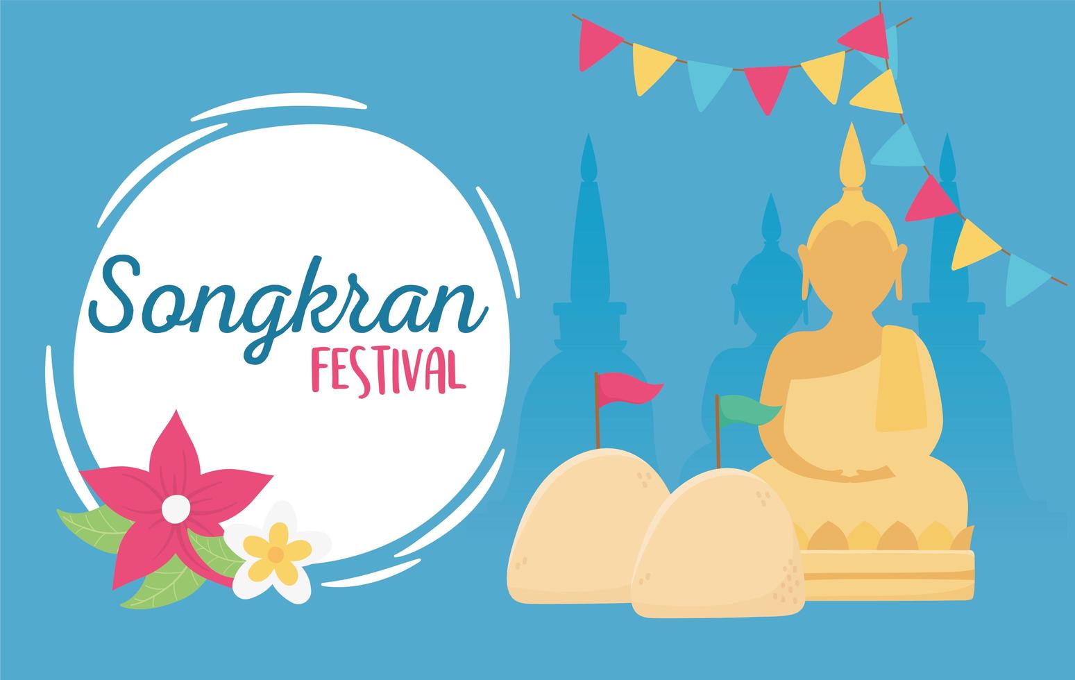 songkran festival kultur thailand buddha tempel bunting blommor vektor