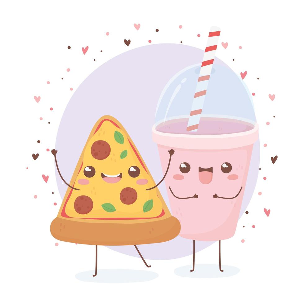 pizza och läsk kopp kawaii mat tecknad karaktär design vektor