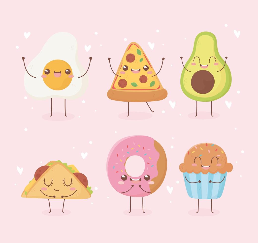 Spiegelei Pizza Avocado Donut Cupcake Taco Kawaii Essen Cartoon Charakter Design vektor