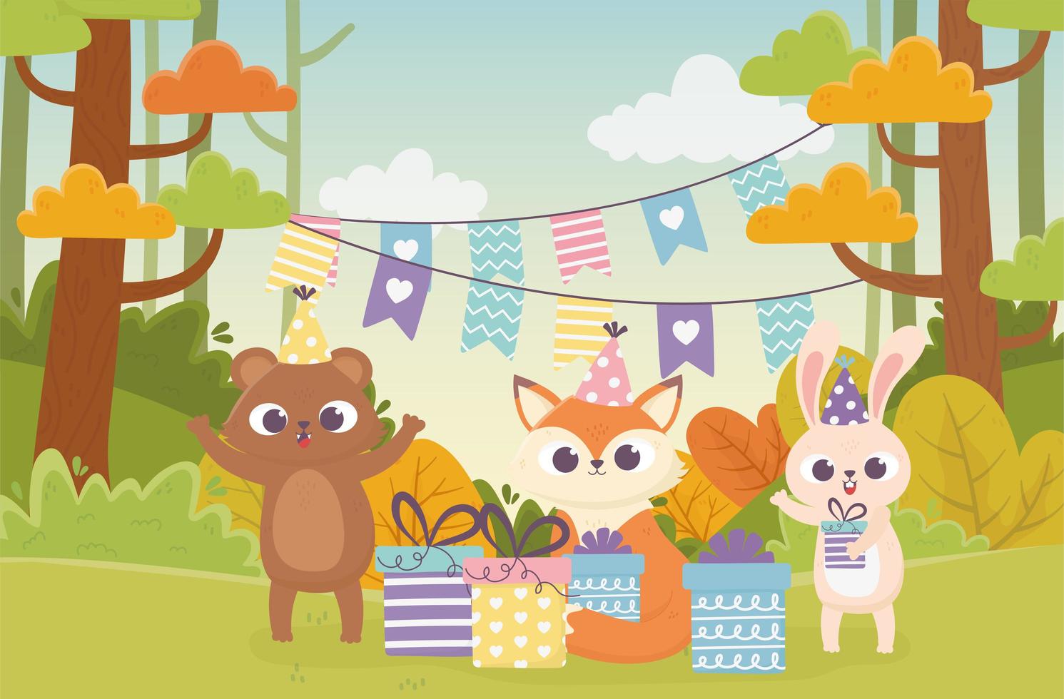 Bärenkaninchen und Fuchs mit Partyfeier Happy Day vektor