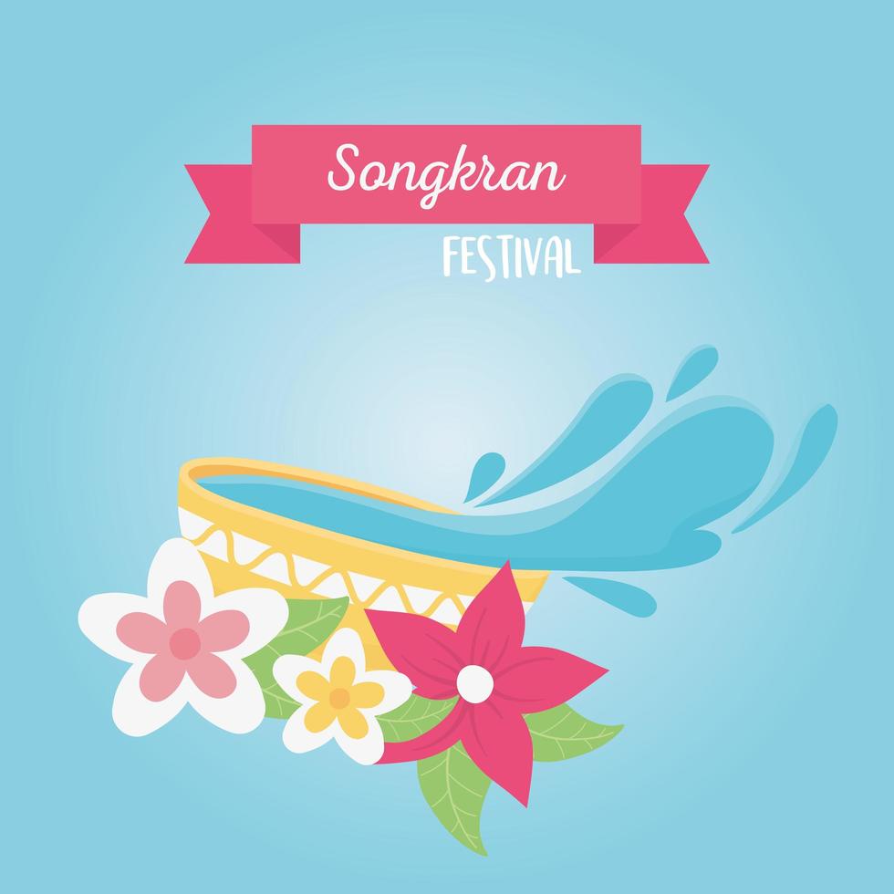 Songkran Festival Schüssel mit Wasserblumen Feier Designkarte vektor