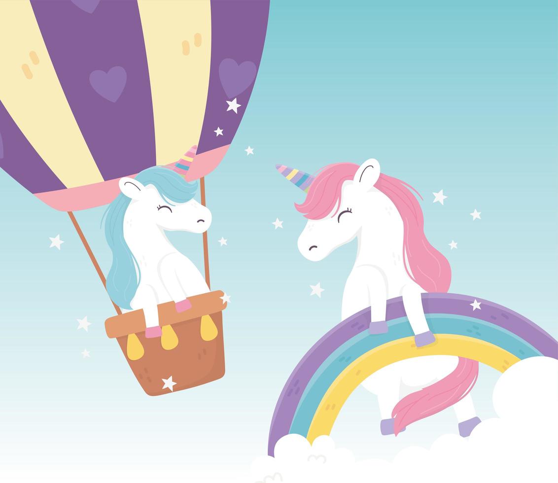 fliegender einhorn luftballon und regenbogenwolken fantasie zaubertraum süße karikatur vektor