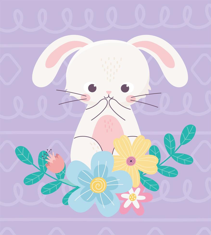 glad påsk söt kanin blommor lämnar natur dekoration vektor
