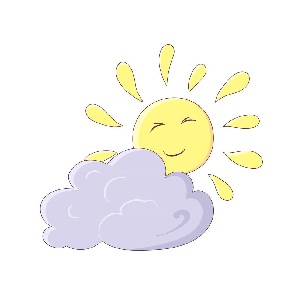 die Sonne mit einer Wolke im Cartoon-Stil mit einem Strich auf weißem Hintergrund. Symbol für sonniges Sommerwetter. Vektor-Illustration vektor