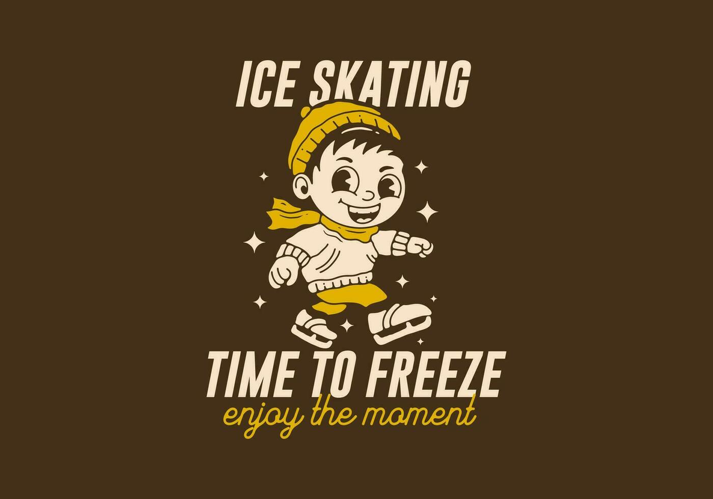 Eis Skaten Zeit zu einfrieren, Maskottchen Charakter Illustration von ein wenig Junge spielen Eis Schlittschuh vektor
