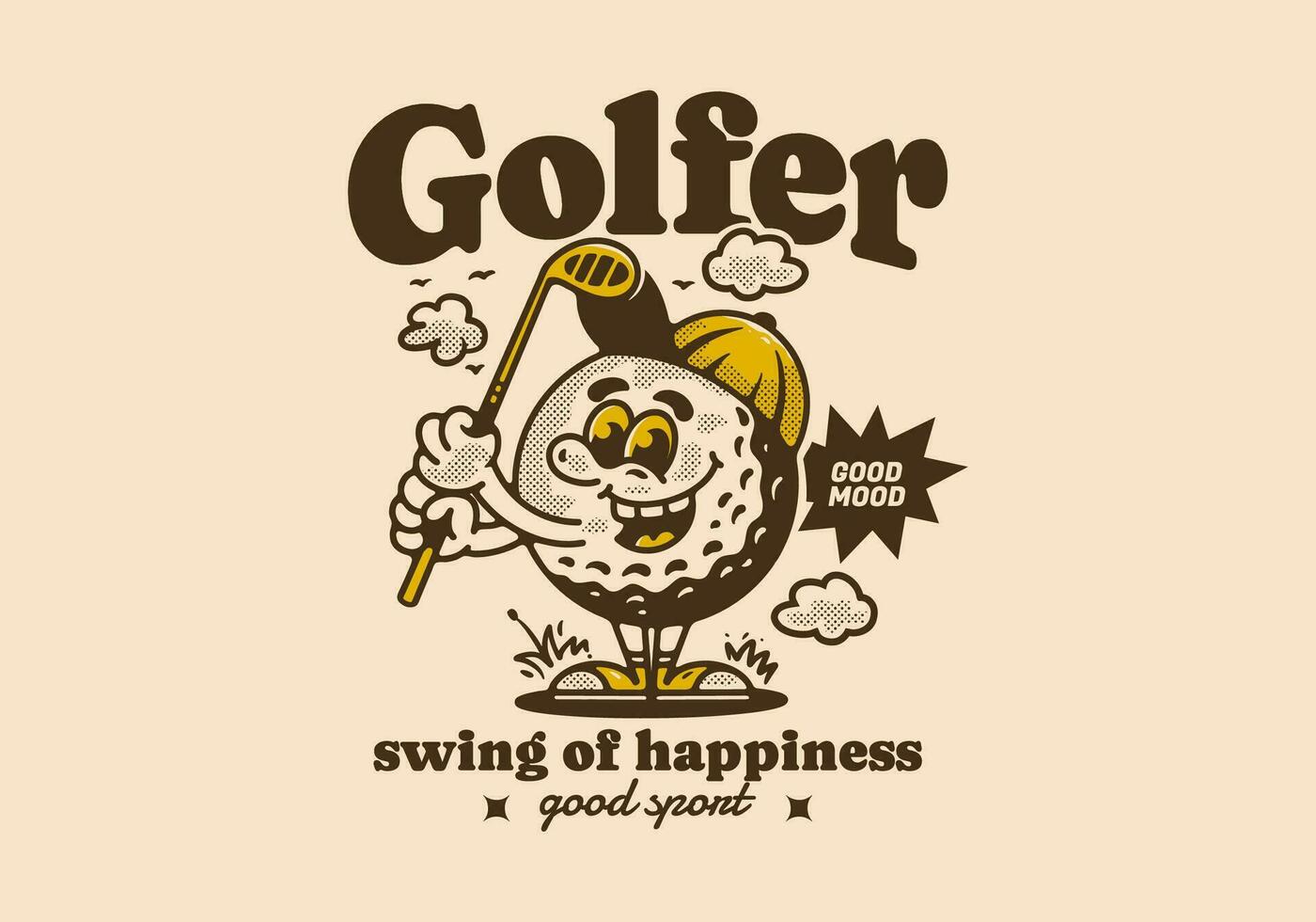 Golfspieler schwingen von Glück, Maskottchen Charakter Illustration von Golf Ball halten ein Golf Stock vektor