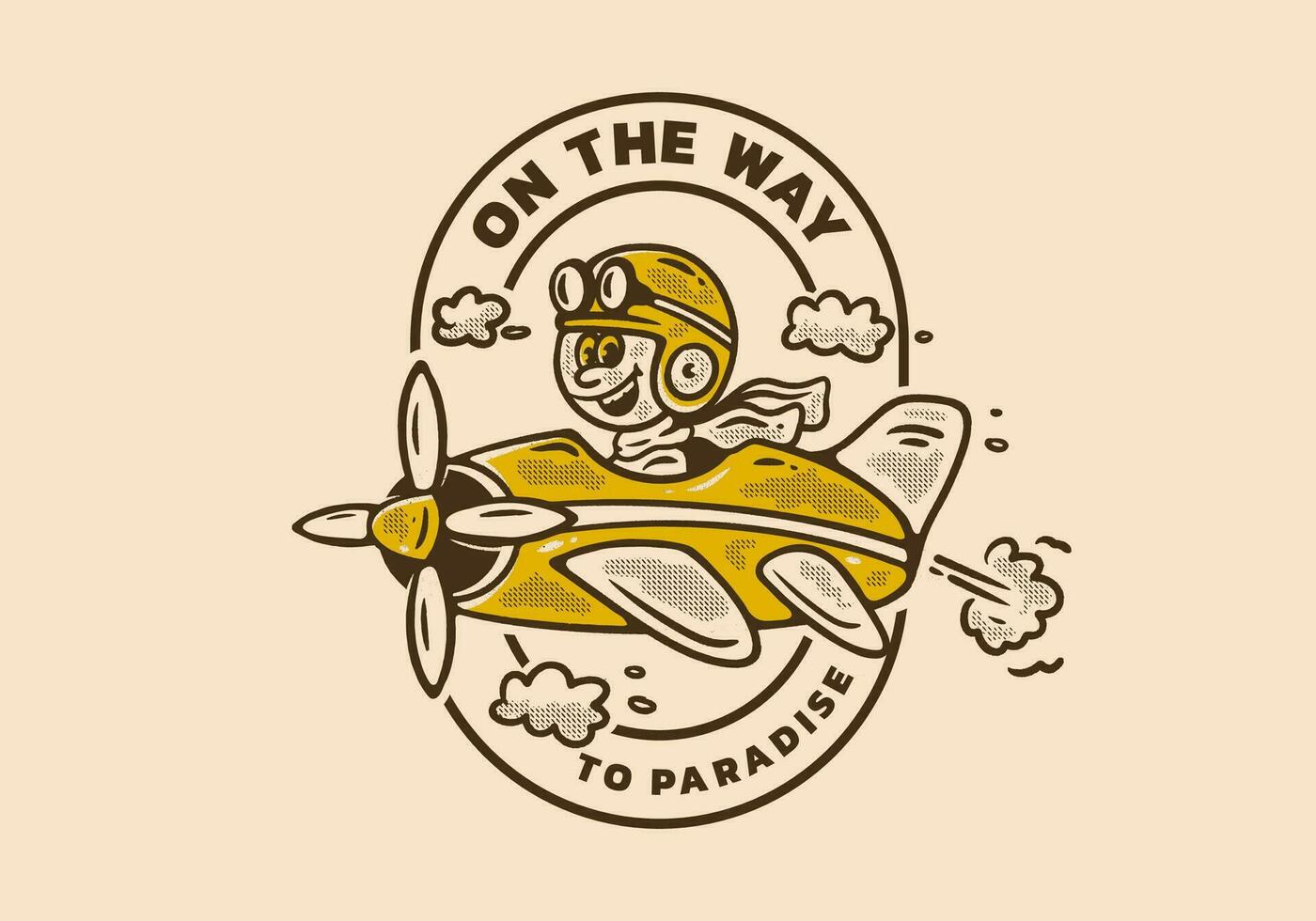auf das Weg zu Paradies, Maskottchen Charakter Illustration von ein wenig Junge Fahren ein Flugzeug vektor