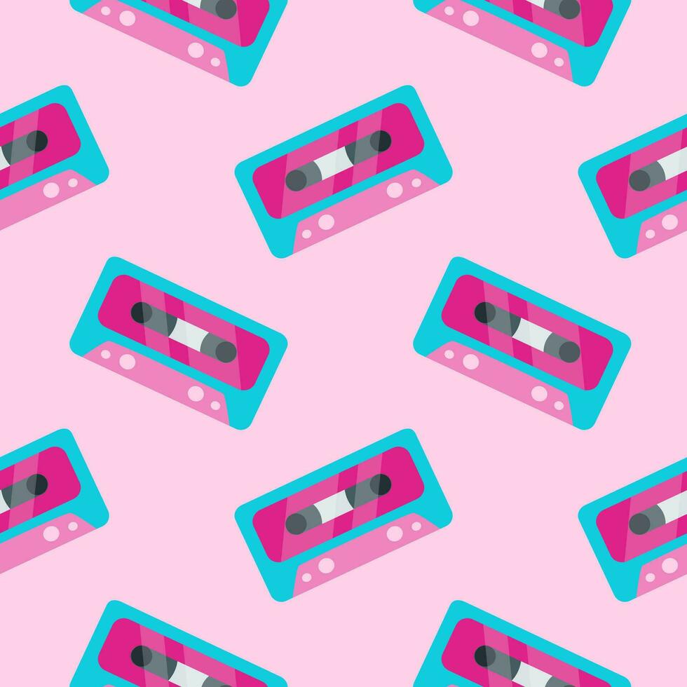 90er Jahre nahtlos Muster retro Kassette im eben Karikatur Stil. Rosa retro Musik- Hintergrund vektor