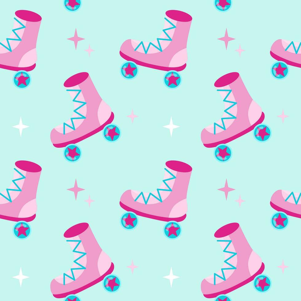 90s sömlös mönster rosa vält skridskor i platt tecknad serie stil med stjärnor på blå bakgrund vektor