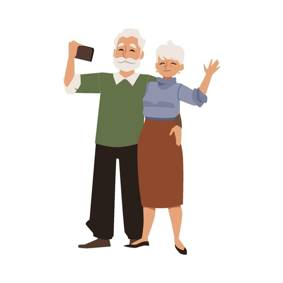 senior par tar selfie med smartphone platt vektor illustration isolerat.