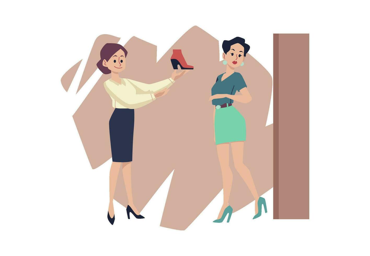 Frau im Schuh Geschäft versuchen auf Absätze mit Hilfe von Assistent - - eben Vektor Illustration isoliert auf Weiß Hintergrund.