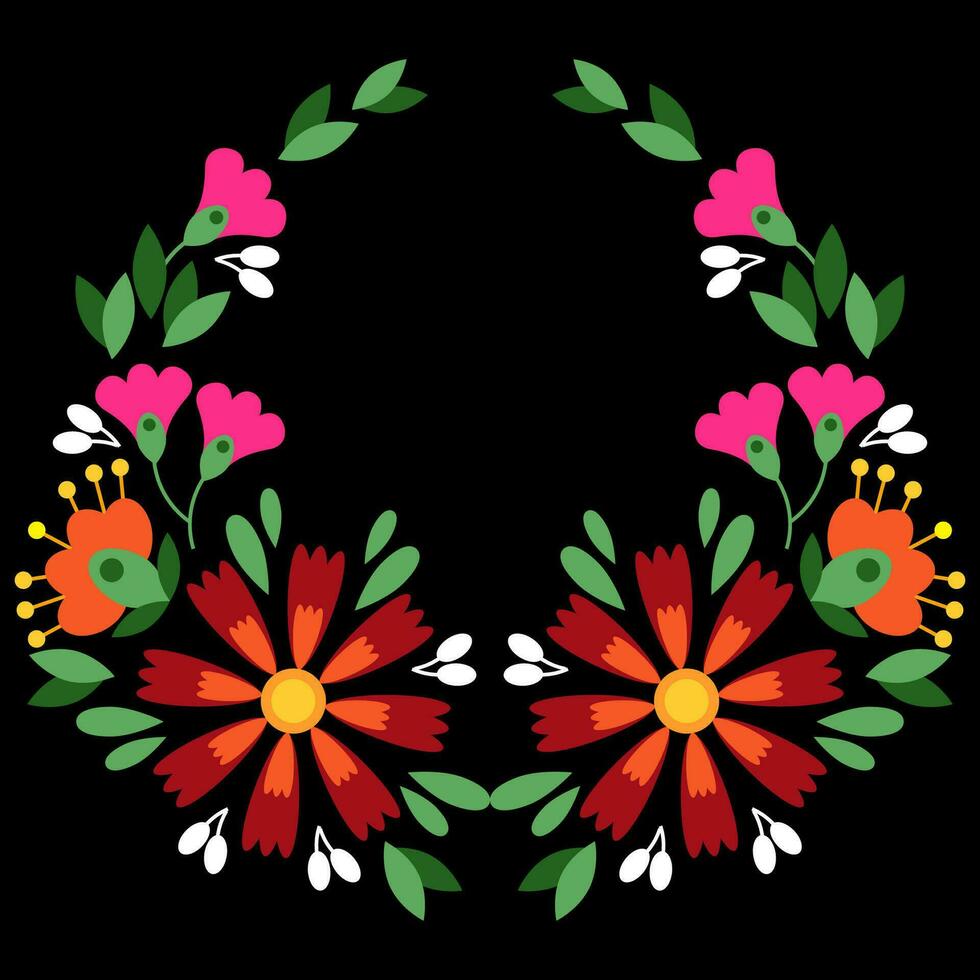 blommig mexikansk broderi i de form av en krans på en svart bakgrund vektor