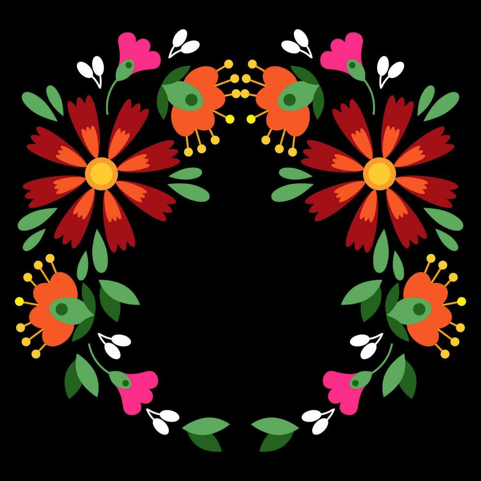 Mexikaner Stickerei von Blumen im das bilden von ein Kreis auf ein schwarz Hintergrund vektor